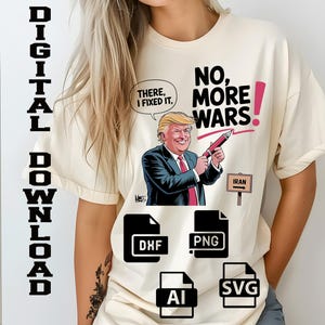 戦争はもう終わり、政治漫画 | トランプのイラン風刺 | 印刷可能なデジタルウォールアートPNG | 反戦政治ユーモアのダウンロード