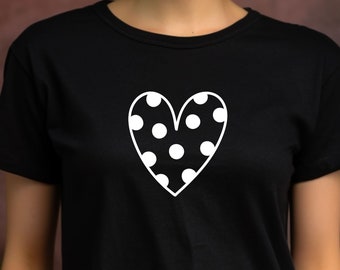 Polka Dot Heart Tee, Black and White Fashion Tee, Casual Chic Tee, Gift for Mom Wife Sister Girlfriend Daughter, Cute Brunch Tee, Party Tee