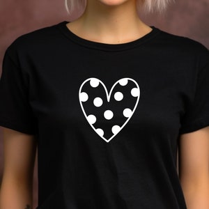 Polka Dot Heart Tee, Black and White Fashion Tee, Casual Chic Tee, Gift for Mom Wife Sister Girlfriend Daughter, Cute Brunch Tee, Party Tee image 1