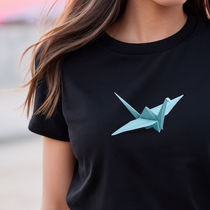 Origami Crane T-Shirt, Blue Crane Bird T-Shirt, Symbol of Happiness, Good Fortune, Folded Paper Crane on T-Shirt, Unique Gift for Friend