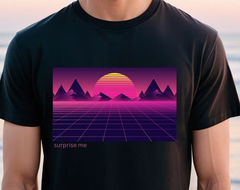 Vaporwave Sunset T-Shirt, Retro 80s Tee, Futuristic Grid Illustration, Gamer T-shirt, Unique Gamer Gift, surprise me Tee, Icebreaker T-Shirt