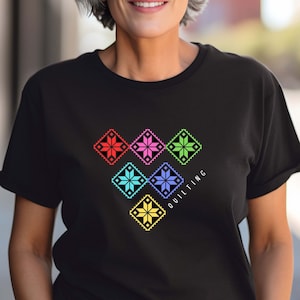 Quilting T-Shirt With Six Colorful Stars, Pretty Quilter Tee, Star Quilt T-Shirt, Gift for Quilter, Quilt Meeting Tee, Quilt Show Tee image 1