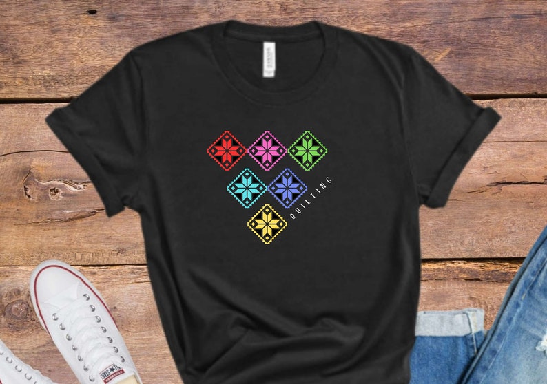 Quilting T-Shirt With Six Colorful Stars, Pretty Quilter Tee, Star Quilt T-Shirt, Gift for Quilter, Quilt Meeting Tee, Quilt Show Tee image 2