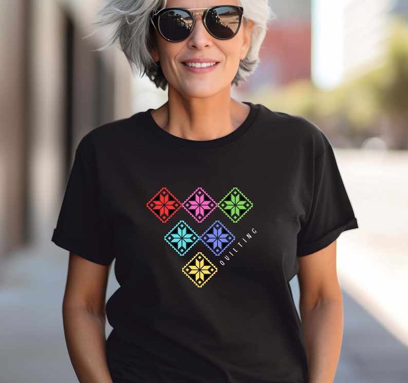 Quilting T-Shirt With Six Colorful Stars, Pretty Quilter Tee, Star Quilt T-Shirt, Gift for Quilter, Quilt Meeting Tee, Quilt Show Tee image 1