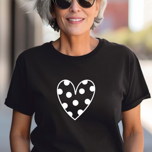 Polka Dot Heart Tee, Black and White Fashion Tee, Casual Chic Tee, Gift for Mom Wife Sister Girlfriend Daughter, Cute Brunch Tee, Party Tee image 2