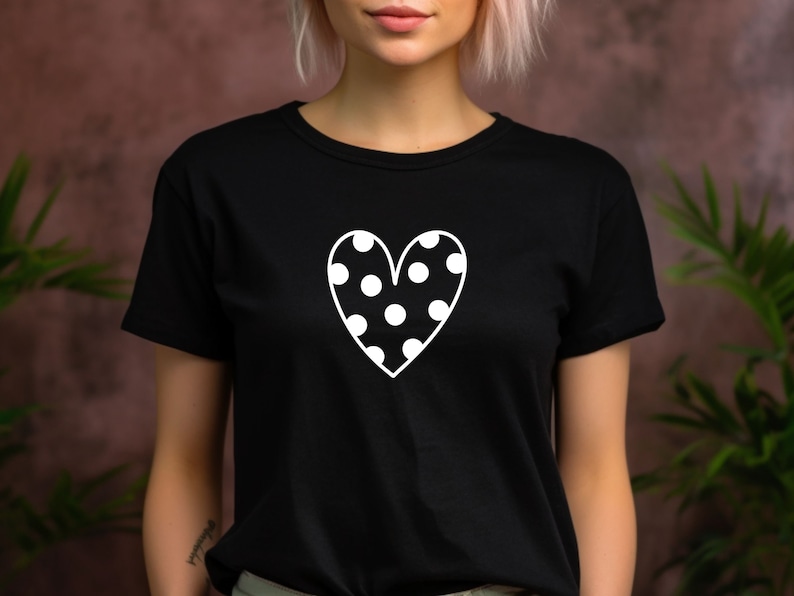 Polka Dot Heart Tee, Black and White Fashion Tee, Casual Chic Tee, Gift for Mom Wife Sister Girlfriend Daughter, Cute Brunch Tee, Party Tee image 1