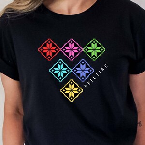 Quilting T-Shirt With Six Colorful Stars, Pretty Quilter Tee, Star Quilt T-Shirt, Gift for Quilter, Quilt Meeting Tee, Quilt Show Tee image 5