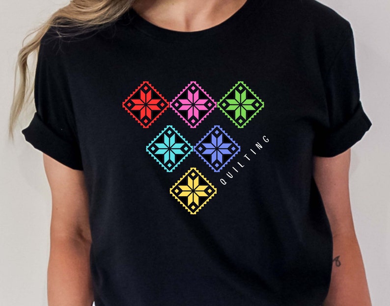 Quilting T-Shirt With Six Colorful Stars, Pretty Quilter Tee, Star Quilt T-Shirt, Gift for Quilter, Quilt Meeting Tee, Quilt Show Tee image 5