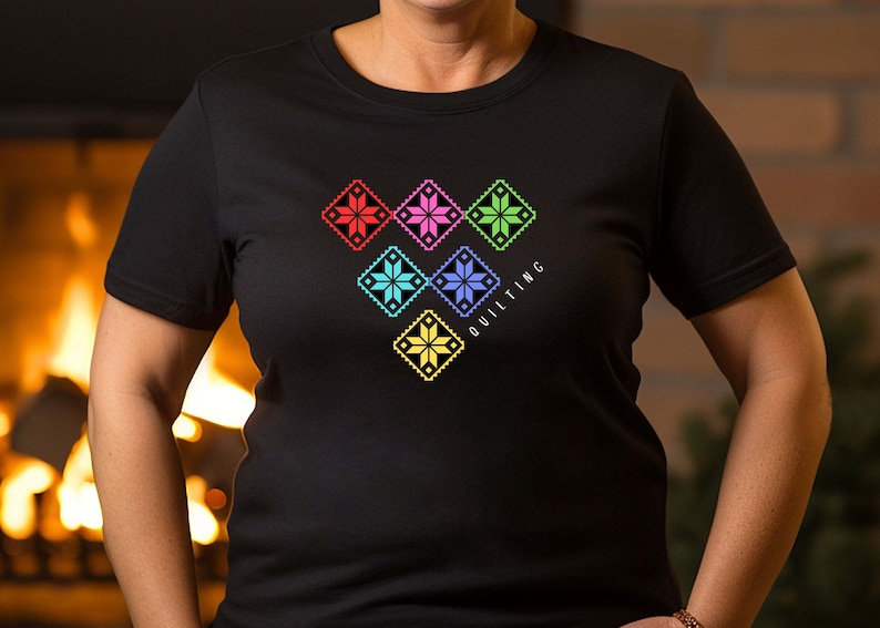 Quilting T-Shirt With Six Colorful Stars, Pretty Quilter Tee, Star Quilt T-Shirt, Gift for Quilter, Quilt Meeting Tee, Quilt Show Tee image 4