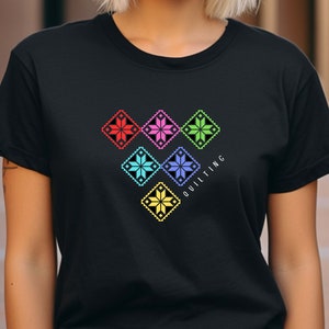 Quilting T-Shirt With Six Colorful Stars, Pretty Quilter Tee, Star Quilt T-Shirt, Gift for Quilter, Quilt Meeting Tee, Quilt Show Tee image 3