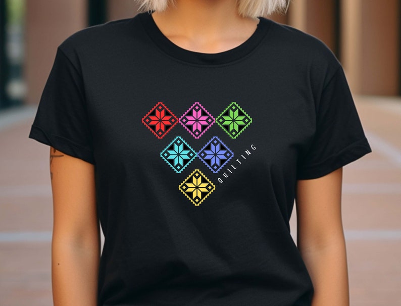 Quilting T-Shirt With Six Colorful Stars, Pretty Quilter Tee, Star Quilt T-Shirt, Gift for Quilter, Quilt Meeting Tee, Quilt Show Tee image 3