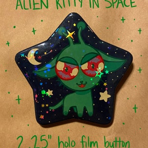 Alien Kitty Intergalactic Holographic Star Shaped Tinplate Button