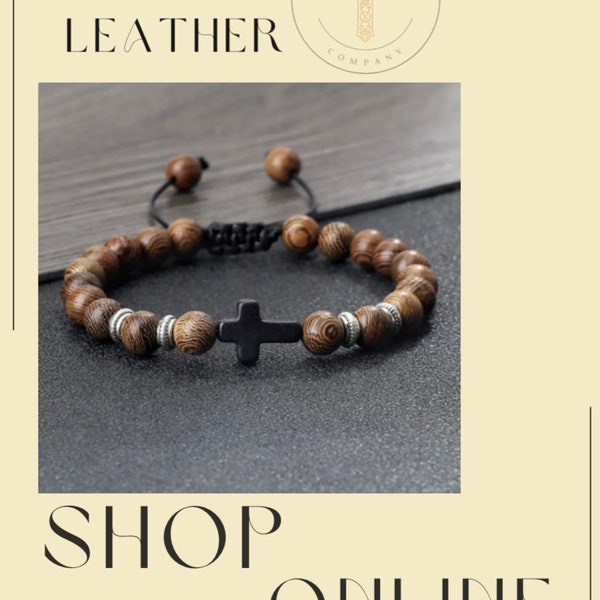 Cross & Leather Handmade Natural Stone Wooden Beaded Bracelet Cross Braided For Men and Women