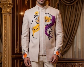 Terno Jodhpuri Bege Masculino | Roupa de casamento Bandhgala bordada à mão