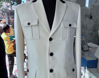 Men’s White Designer Blazer Jacket | and pant Premium Tailored Formal Coat | Wedding Party Blazer | Custom Made to Order