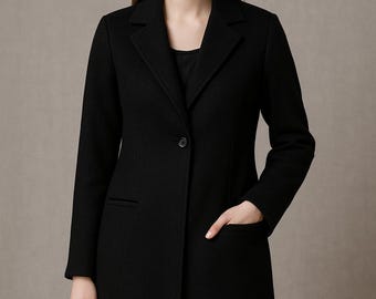 Women Black Long Blazer Coat | Custom Tailored Women’s Suit Jacket | Formal Office Wear | Luxury Handmade Winter Coat | Elegant Party Wear |