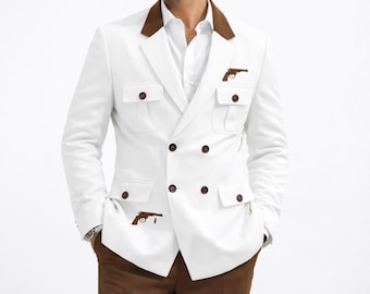 Traje de chaqueta blanca premium para hombre / Abrigo de diseñador cruzado con pantalón / Traje de novio para boda / Ropa formal de lujo