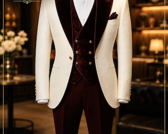 Traje de esmoquin blanco burdeos para hombre / Traje de novio de boda de 3 piezas hecho a mano