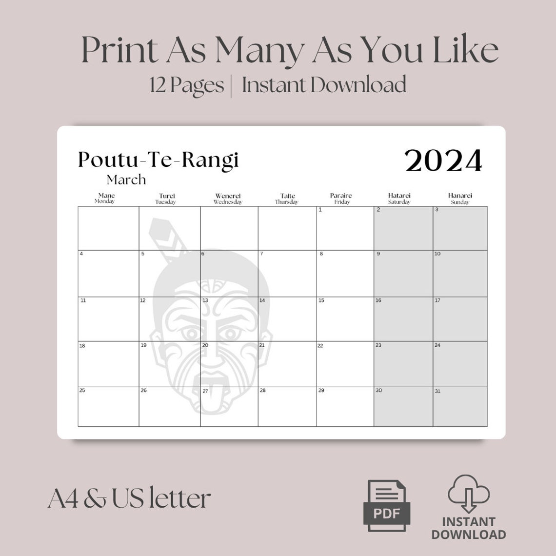 Maori Maori Calendar Printable Calendar Calendar Digital Etsy Australia