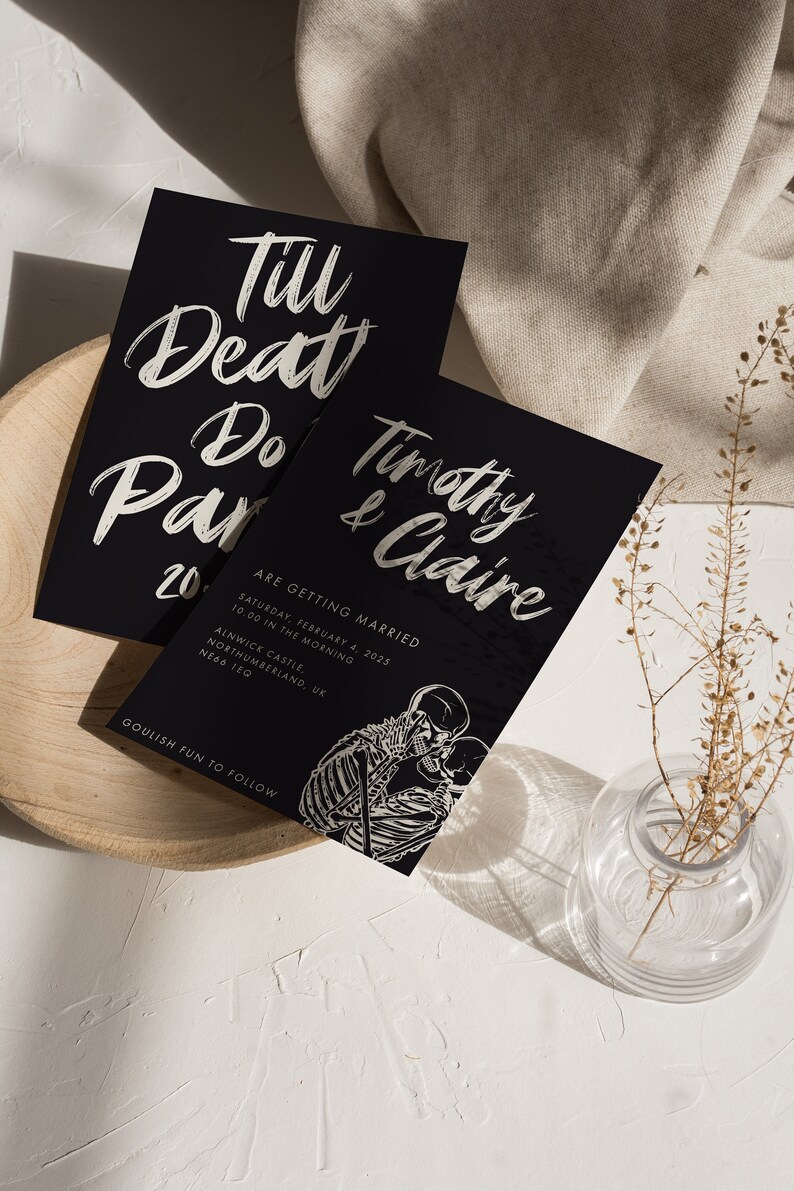 WEDNESDAY Gothic Wedding Invite Dark Wedding Invitation Unique Invites Black and White Skull Skeleton Cool Wedding Invitations image 2