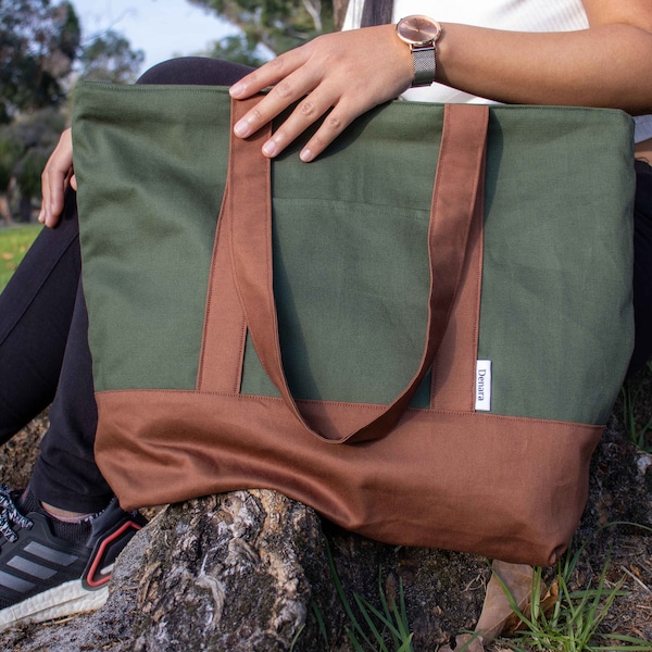 Sac fourre-tout avec fermeture éclair et poches interne et externe, grande capacité - Vert + marron