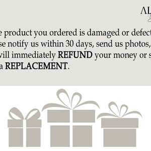 May include: Illustration of three gray gift boxes with bows, with the text "If the product you ordered is damaged or defective, please notify us within 30 days, send us photos, and we will immediately REFUND your money or send you a REPLACEMENT."