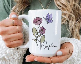 Taza de flores personalizada, taza de café personalizada, regalo floral para ella, taza personalizada para mamá o abuela