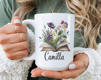 Custom Book Mug Gift For Book Lovers, Floral Mug for Her, Librarian Gift Ideas, Mug Gift With Name