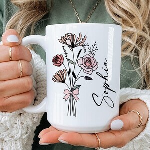 Personalized Coquette Birth Month Flower Mug With Name, Custom Floral Coffee Mug, Gift For Mom, Gift For Daughter, Floral Mug
