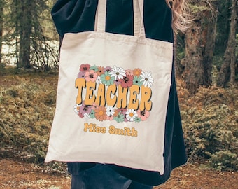 Teacher Tote Bag With Name, Personalized Tote Bag, Teacher Appreciation Gifts, Wildflowers Tote Bag