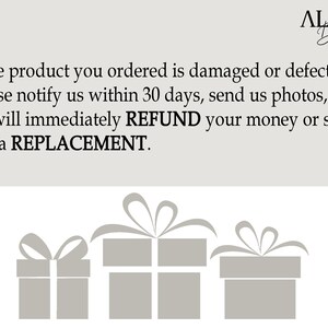 May include: Three gray gift boxes with white bows. Text reads: "If the product you ordered is damaged or defective, please notify us within 30 days, send us photos, and we will immediately REFUND your money or send you a REPLACEMENT."