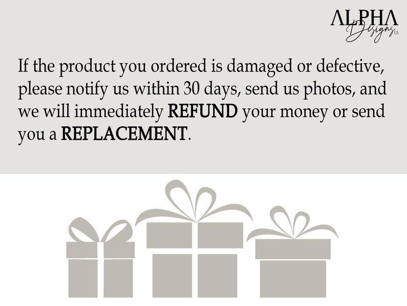 May include: Three gray gift boxes with white bows. Text reads: "If the product you ordered is damaged or defective, please notify us within 30 days, send us photos, and we will immediately REFUND your money or send you a REPLACEMENT."