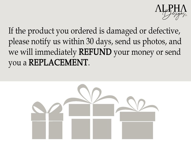 May include: Three grey gift boxes with white bows. Text reads: "If the product you ordered is damaged or defective, please notify us within 30 days, send us photos, and we will immediately REFUND your money or send you a REPLACEMENT."