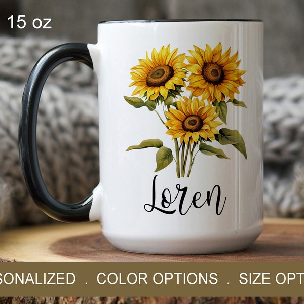 Custom Sunflower Cup With Name, Sunflower Lover Gift, Painted Flower Mug, Custom Coffee Cup