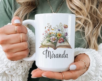 Custom Book Mug Gift For Book Lovers, Mug Gift With Name, Floral Mug for Her, Librarian Gift Ideas