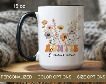 Personalized Auntie Wildflowers Mug, Aunt Mug With Name, Pregnancy Announcement