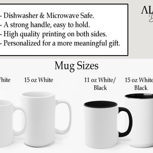 May include: Four white ceramic mugs with black rims. The mugs are in two sizes: 11 oz and 15 oz. The mugs are available in white or black with a white interior. The text "Mug Sizes" is above the mugs. The text "11 oz White", "15 oz White", "11 oz White/Black", and "15 oz White/Black" is below the mugs.