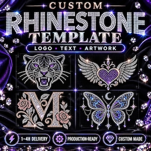 May include: A custom rhinestone template design featuring the text CUSTOM RHINESTONE TEMPLATE LOGO TEXT ARTWORK. The graphic displays four distinct rhinestone patterns: a panther head, a winged heart, the letter M with roses, and a butterfly.
