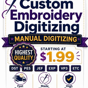 Peut inclure: Une publicité graphique pour des services de numérisation de broderie personnalisée. Le texte indique Custom Embroidery Digitizing, Manual Digitizing, Highest Quality, et liste les formats DST, PES, JEF, EXP, VP3, ETC. Des icônes illustrent la livraison, le travail manuel et la qualité.