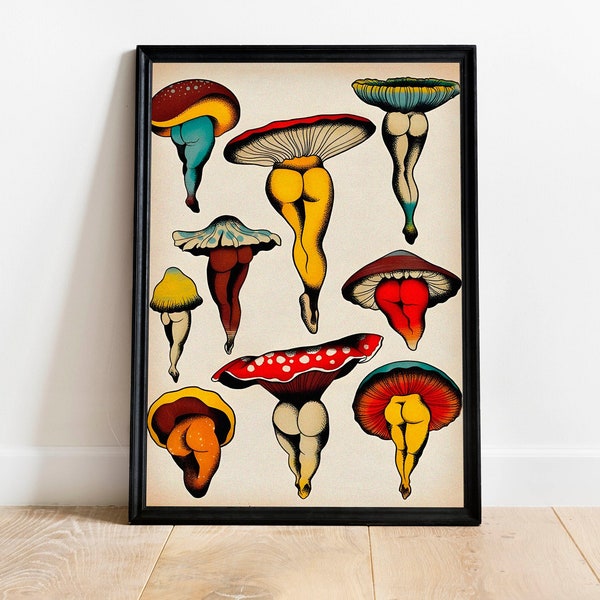 Affiche drôle de chaussons aux champignons, art drôle de champignon, affiche de champignons, affiche de champignon, affiche de cuisine rétro