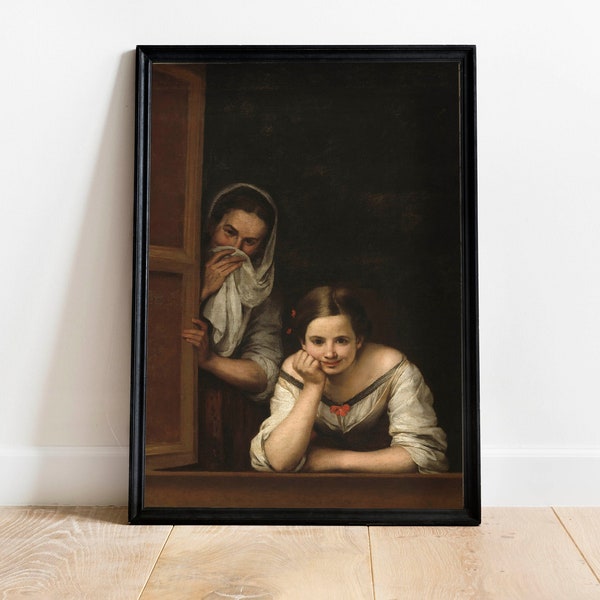 funny bathroom poster, vintage bathroom art humor, funny portrait, Two Women at a Window paint, vintage paint, Bartolomé Esteban Murillo