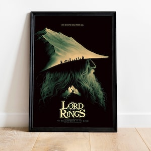 May include: A black and white poster with a green and white illustration of Gandalf from The Lord of the Rings. The text "The Lord of the Rings: The Fellowship of the Ring" is at the bottom of the poster.