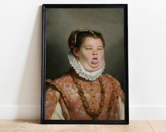 May include: A digital painting of a woman in a pink and gold dress with a white lace collar. She is wearing a gold necklace and has a surprised expression on her face.