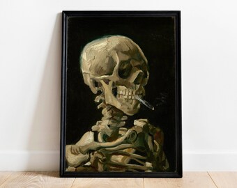 May include: A framed painting of a human skeleton with a cigarette in its mouth. The skull is painted in a realistic style with a dark background.