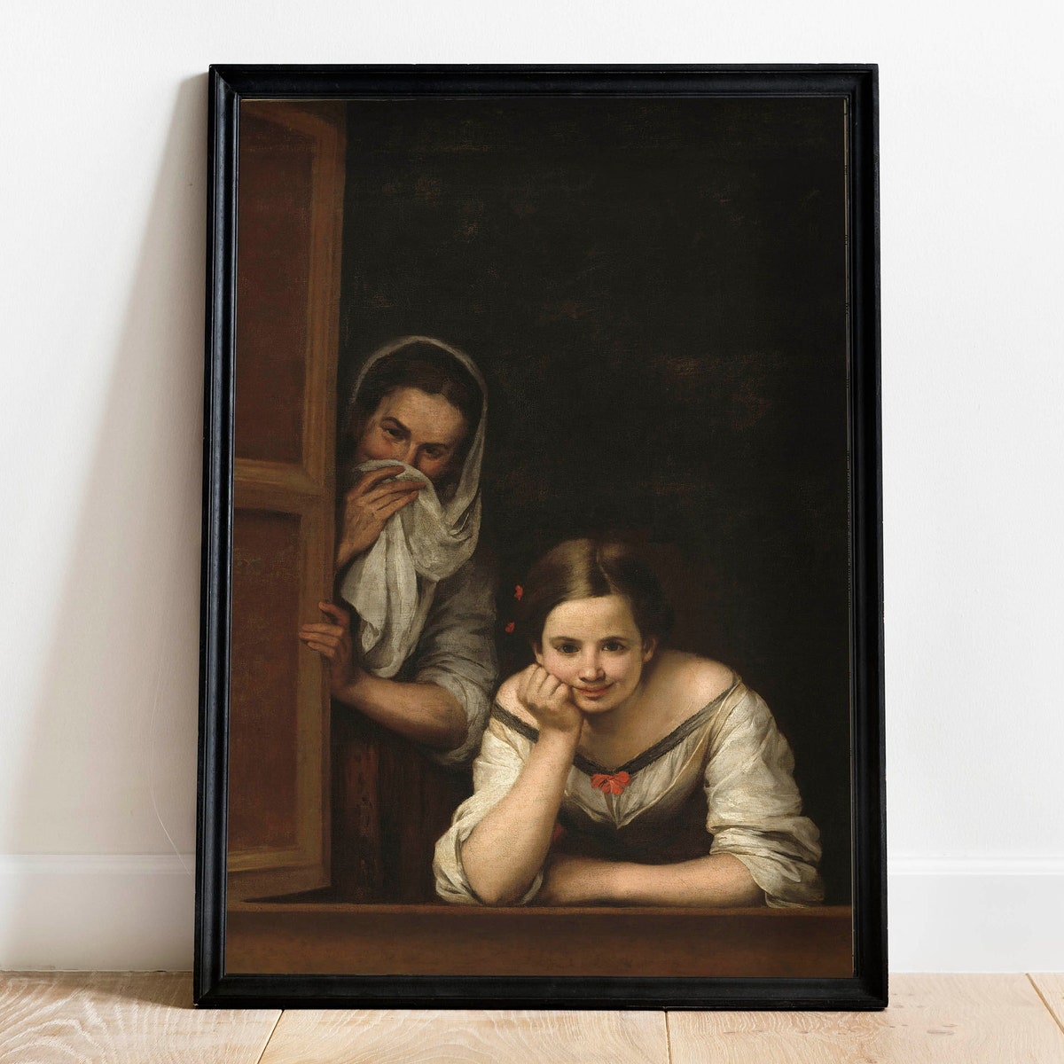 Two Women at a Window Framed Canvas Print: Vintage Murillo Painting