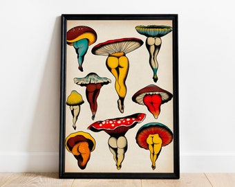 Funny Mushroom Booties Poster, Funny Mushroom Art, Fungi Poster, Fungus Poster, Retro Kitchen Poster