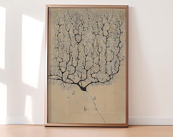May include: A framed print featuring a detailed black and white illustration of a brain cell structure. The artwork, set against a tan background, is enclosed in a thin, bronze-colored frame. The image showcases the intricate network of dendrites and axons.
