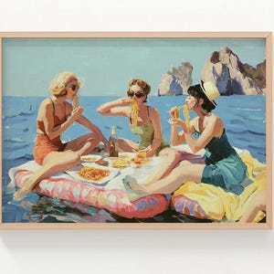 Women Eating Pasta on Lake, Vintage Wall Art, Funny Art, Canvas Print, Pasta Picnic on Lake, Picnic on Lake, Art poster, Kitchen Decor