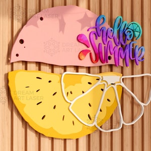 May include: A wooden cutout of a pineapple with the text "Hello Summer" in rainbow colours. The pineapple is yellow and has a white outline. The text is layered on top of a pink circle.