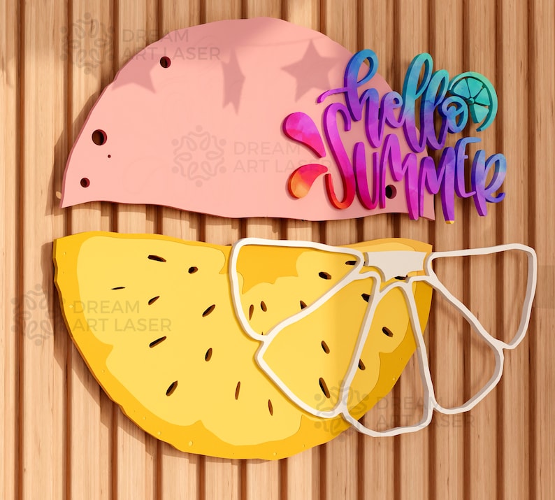 May include: A wooden cutout of a pineapple with the text "Hello Summer" in rainbow colours. The pineapple is yellow and has a white outline. The text is layered on top of a pink circle.